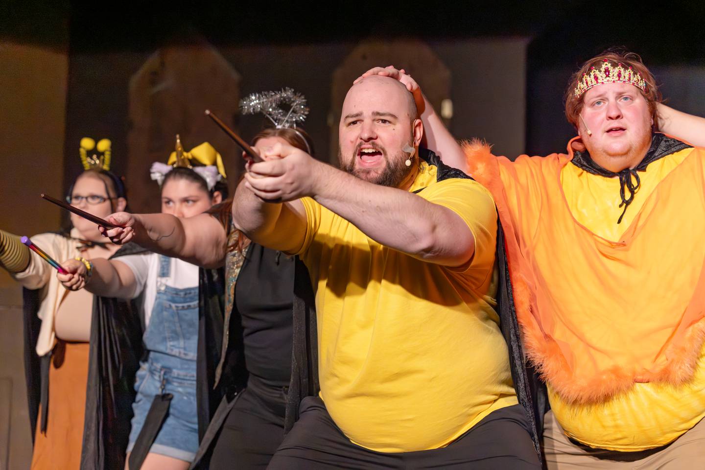 Puffs cast members prepare to defend themselves from impending danger during a rehearsal for Puffs at Stage 212 on November 4, 2025 in Lasalle.