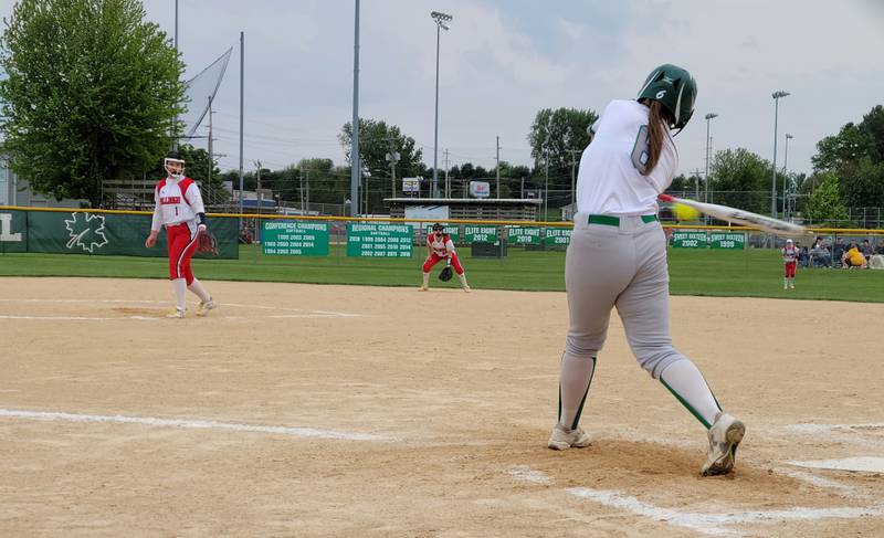 Streator's Jaelyn Blakemore pitches to Geneseo's Maya Bieneman in the first inning of Tuesday's Class 3A Geneseo Regional semifinal game. The Maple Leafs defeated the Bulldogs 3-0.