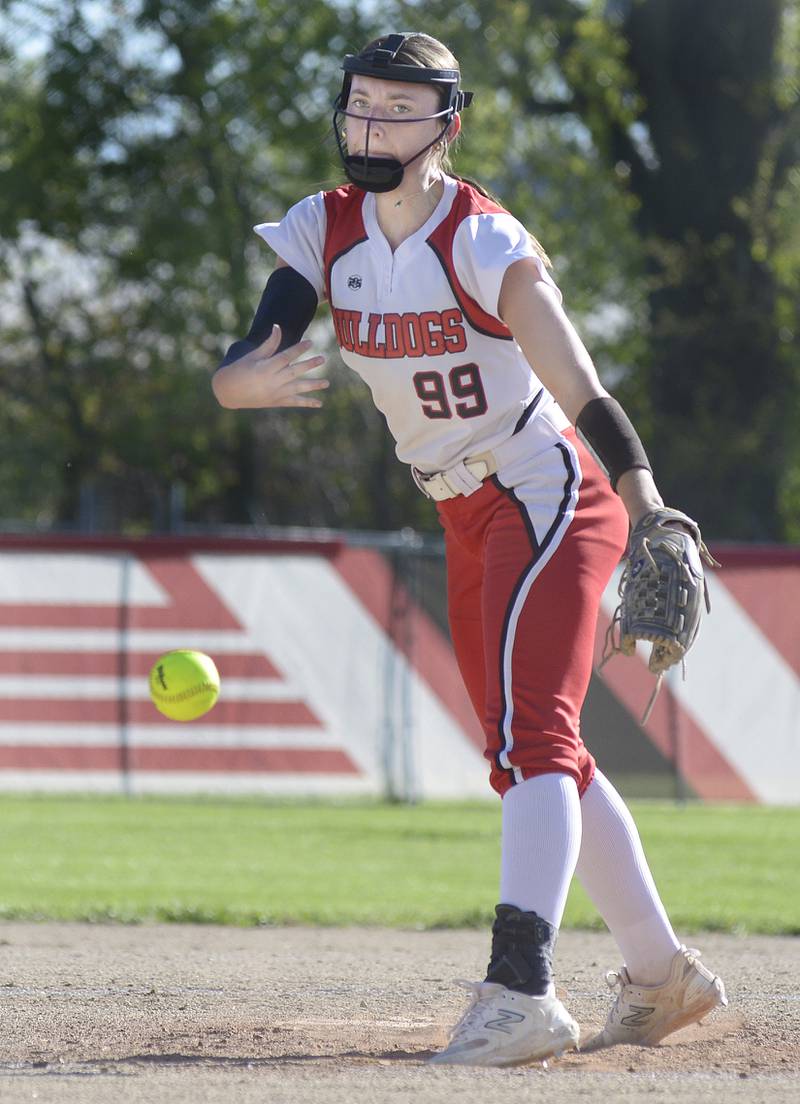 Streator starting pitcher Makenna Ondrey (99) lets go with a pitch against Lisle on Tuesday, May 6, 2025, in Streator.