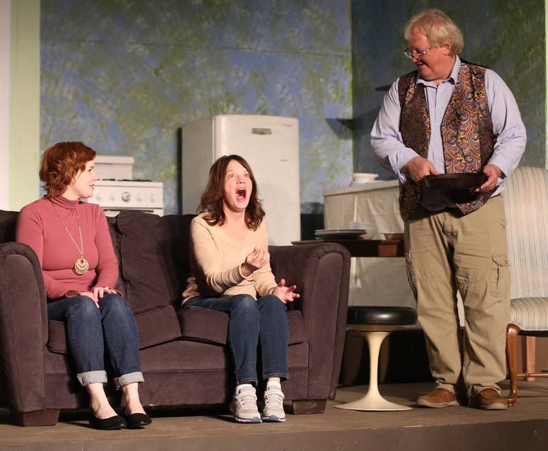 Devon Ford as Corie, Bobette Roberson as Mother, Ken Schroeder as Velasco act out a scene in 'Bearfoot in the Park' on Thursday, April 6, 2023 at Stage 212 in La Salle.