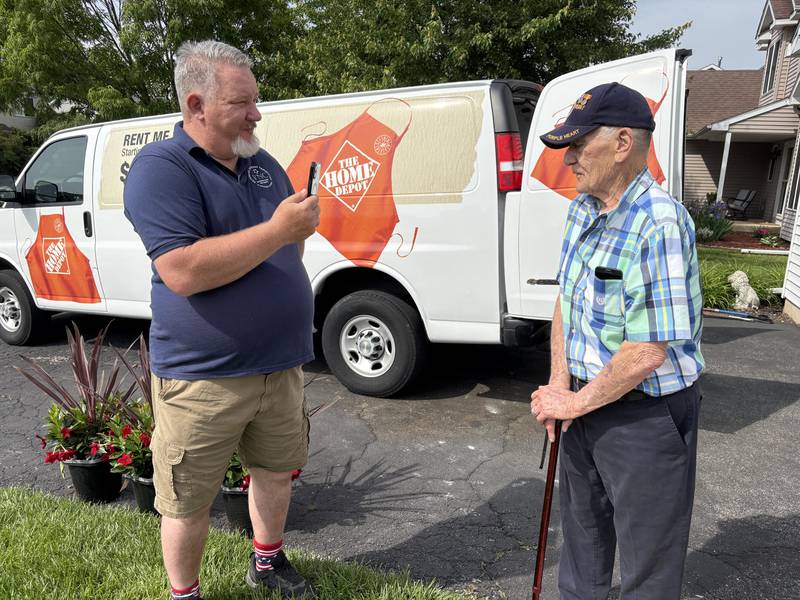 Veterans Network Committee President Aaron Stain talks to Woodstock veteran Ben Jankowski during a Facebook live  June 6, 2025.