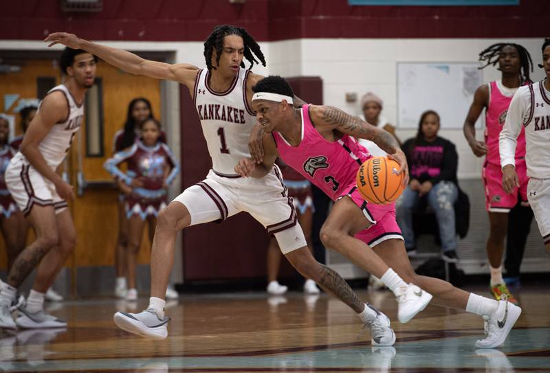 Kankakee's Lincoln Williams guards Rich Township's Kavon Ammons in a game on Friday, February 6, 2026.