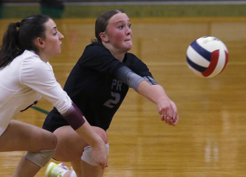 Prairie Ridge's Allison Rodgers bumps the ball during the IHSA Class 3A Grayslake Central Supersectional volleyball match against St. Francis on Monday, Nov. 11, 2024, at Grayslake Central High School.