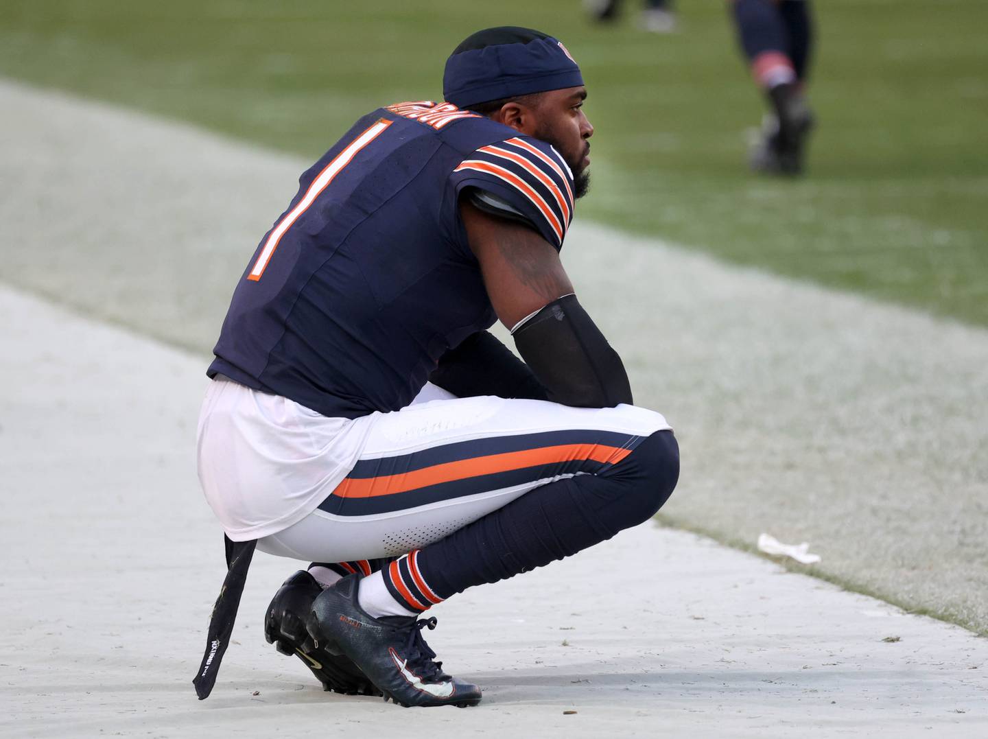 Chicago Bears cornerback Jaylon Johnson sits on the sidelines after the Chicago Bears lost on a blocked field goal Sunday, Nov. 17, 2024, against the Green Bay Packers at Soldier Field in Chicago.