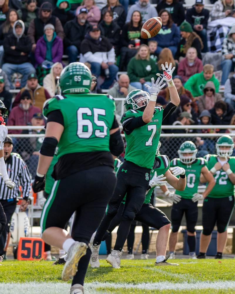 Wyatt Biffany (7) of Seneca leaps for pass on Saturday, November 1, 2025 at Seneca High School in Seneca.