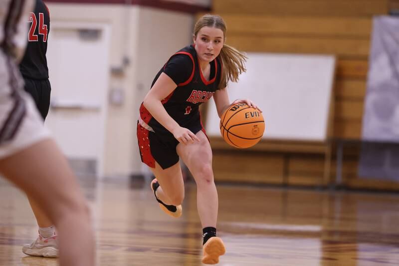 Bradley-Bourbonnais’ Nat Coday works the ball against Lockport on Thursday, Jan 16, 2025 in Lockport.