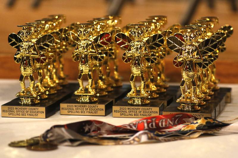 Medals and trophies for the winners and participants of the McHenry County Regional Office of Education 2023 Spelling Bee Wednesday, March 22, 2023, at McHenry County College's Luecht Auditorium in Crystal Lake.
