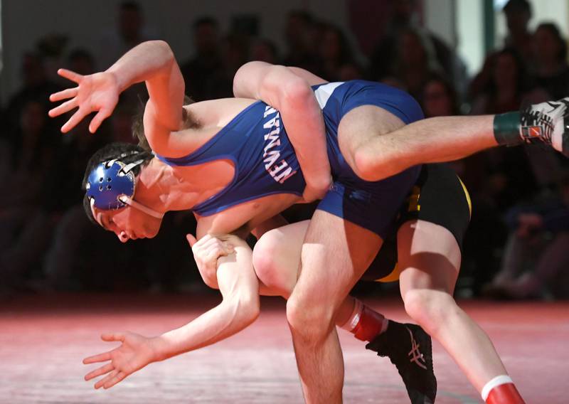 Newman's Carter Rude gets thrown by Riverdale's Brock Smith during the 138-pound championship match during the 1A Oregon Wrestling Sectional on Saturday. Smith won the match, but both wresetlers advance to the state finals.