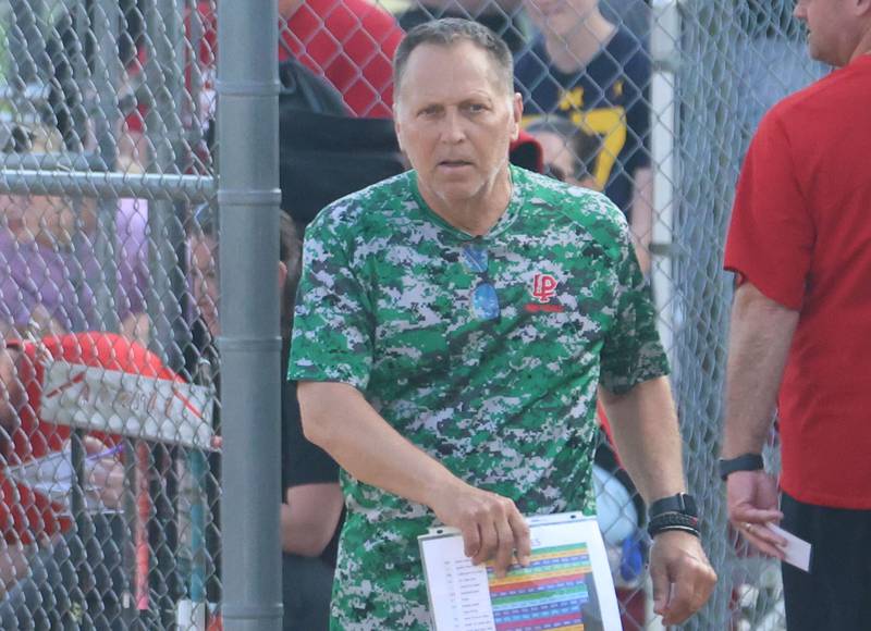 L-P head softball coach Randy Huebbe manages his team while playing Ottawa on Tuesday, April 14, 2026 at Ottawa High School.