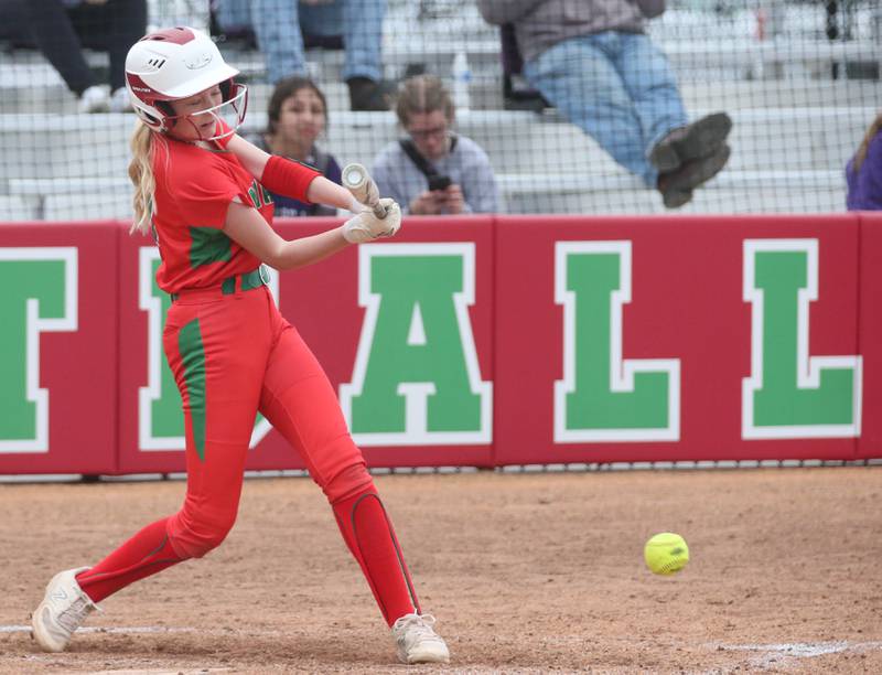 L-P's Camryn Metzger makes contact with the ball against Rochelle on Wednesday, April 10, 2024 at the L-P Athletic Complex in La Salle.