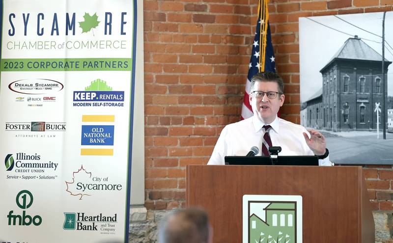 Michael Hall, Sycamore city manager, speaks during the State of the Community address Thursday, May 11, 2023, in the DeKalb County Community Foundation Freight Room in Sycamore. The event was hosted by the Sycamore Chamber of Commerce.