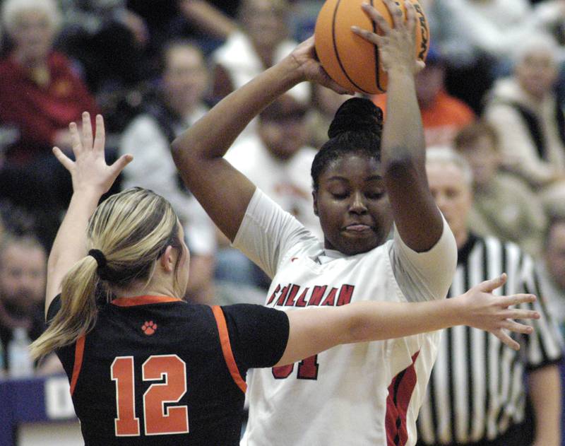 Stillman ball handler Dailene Wade keeps the ball from Byron's  Karsyn Bielskis. Byron faced Stillman Valley in the championship game of  the Dixon Girls KSB Holiday Basketball Classic Saturday, Dec. 28, 2024.