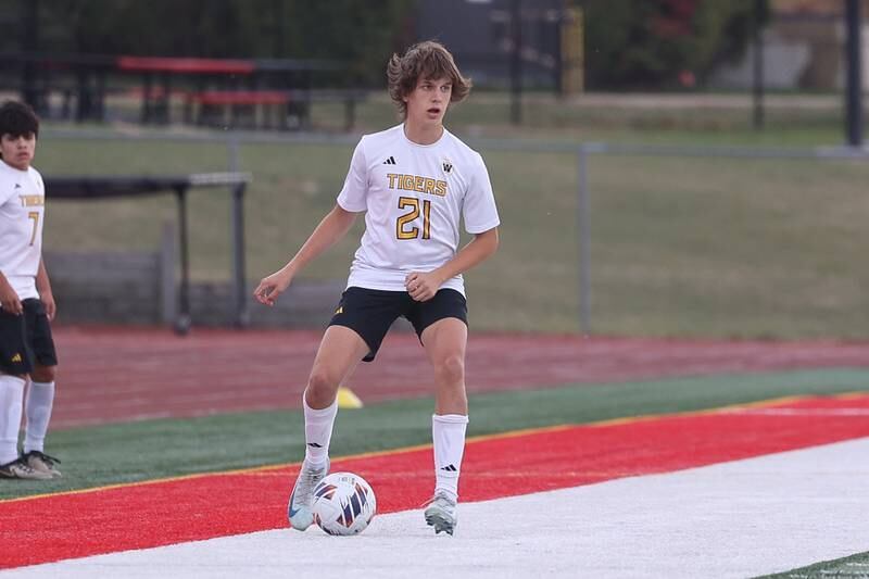 Joliet West’s Jackson Bright looks for a play against Lincoln-Way Central in the Class 3A Lincoln-Way Central Regional semifinal on Tuesday, Oct. 22, 2024 in New Lenox.
