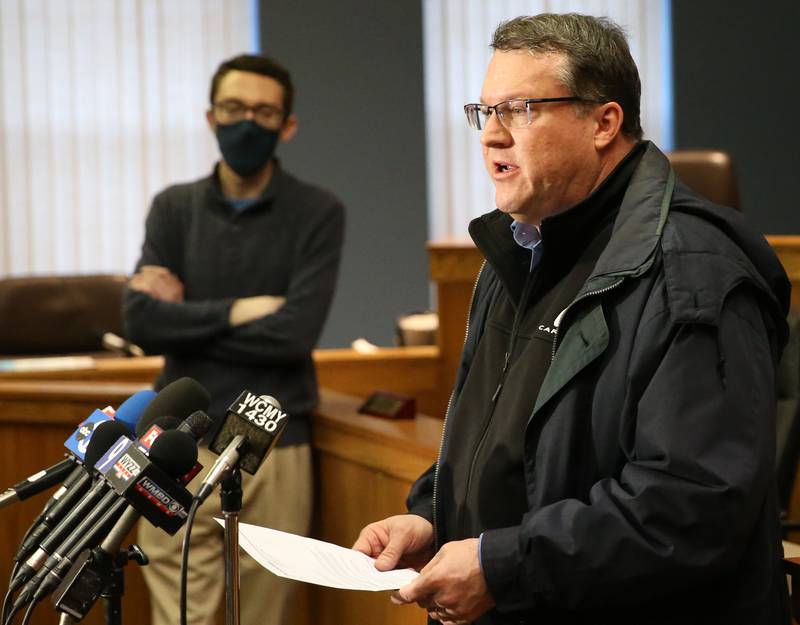 Allen Gibbs, vice president of operations at Carus speaks to reporters during a press conference on Wednesday, Jan. 11, 2023 at La Salle City Hall.