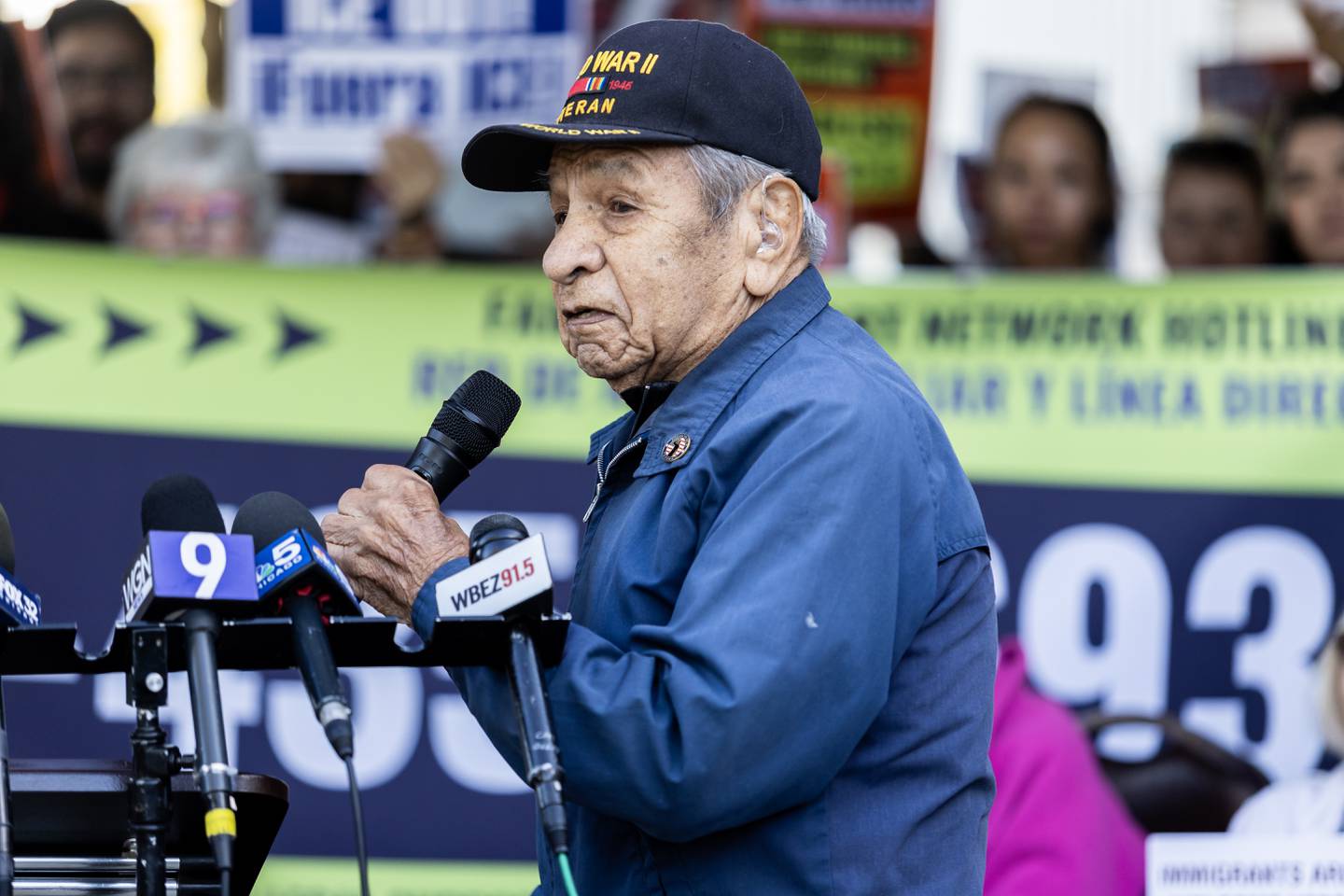 Community leader and WWII veteran Joe Bellman addresses the crowd during a press conference held to uplift immigrant families and denounce the presence of the Texas National Guard in Will County at Azteca de Oro in Joliet on Oct. 8, 2025.