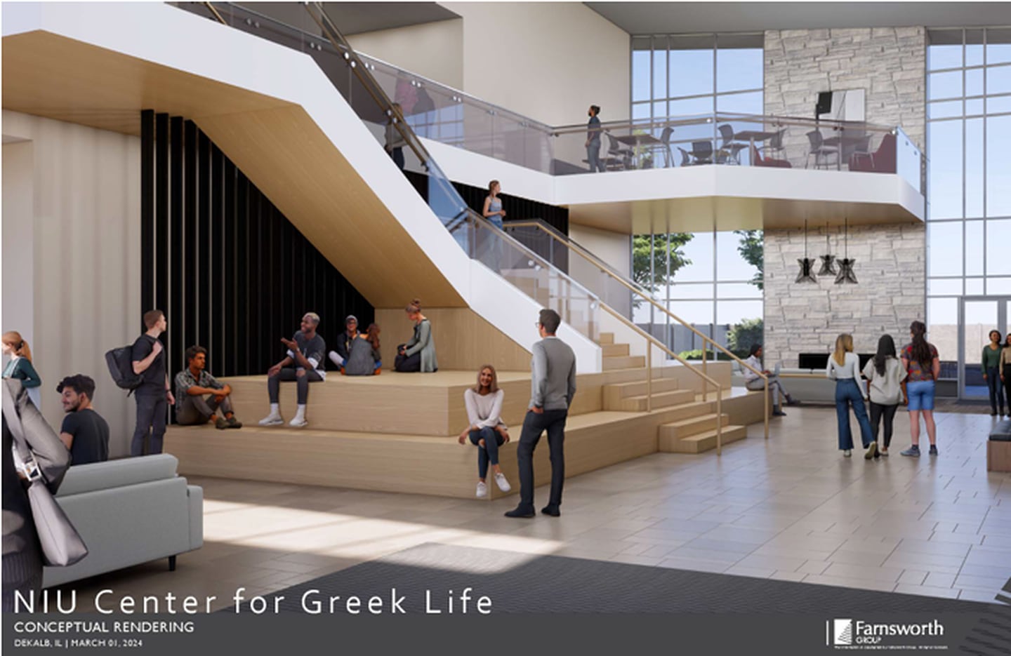 Concept art shows a view of the interior main lobby of the proposed NIU Center for Greek Life, planned for about 2 acres on city-owned property at Blackhawk Boulevard and West Hillcrest Drive. The project has received support from the city of DeKalb and NIU Foundation. Concept art by Lisle-based Farnsworth Group published by city of DeKalb in March 2024.