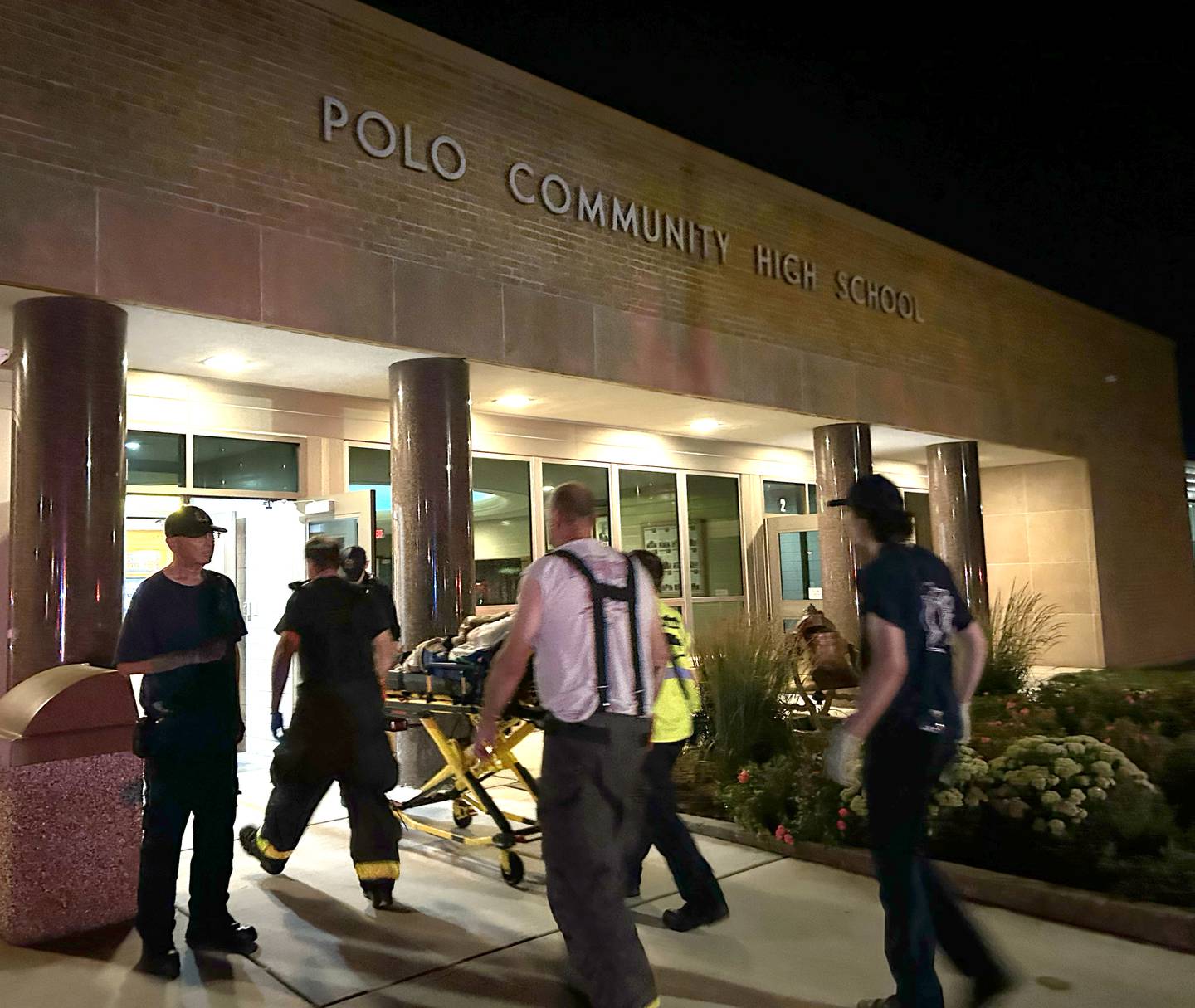 Firefighters and other first responders moved residents from the Polo Rehab & Health Care Center late in the evening on Monday, July 15, 2024 to Polo High School after a roof-top HVAC unit may have been damaged by a strong storm that passed through the town earlier in the evening.