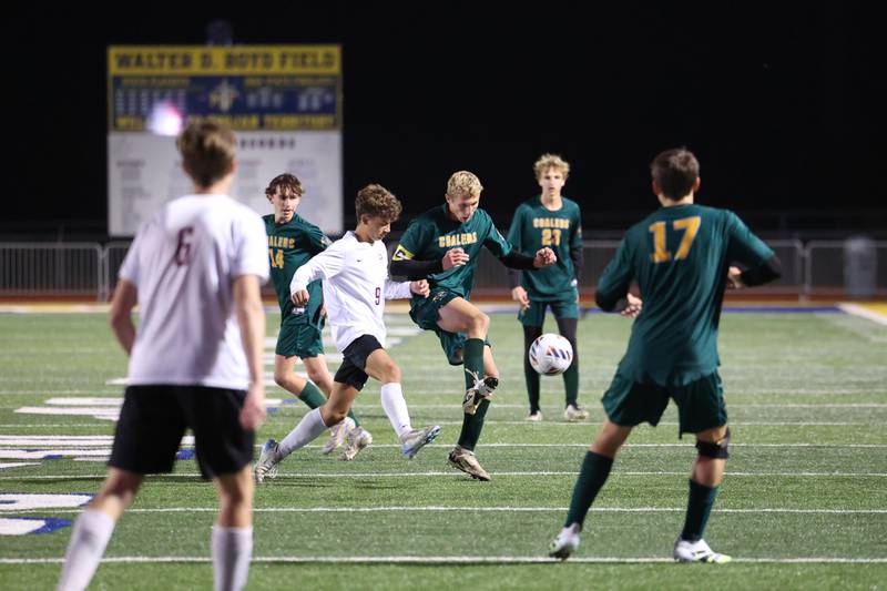 Coal City’s Luke Munsterman, center, passes the ball under pressure from Williamsville's Owen Patton during the Coalers' 1-0 victory over Williamsville in the IHSA Class 1A Maroa-Forsyth Super-Sectional on Monday, Nov. 3, 2025.