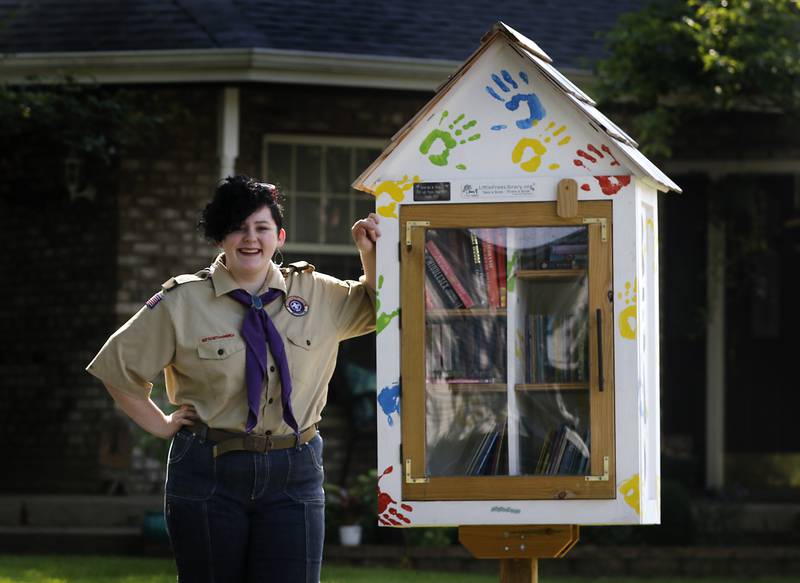 Eagle Scout Shirley Stockwell with the Little Free Library that she built for her Boy Scouts of America Eagle Scout Project on Monday, Aug. 21, 2023, in Lake in the Hills.