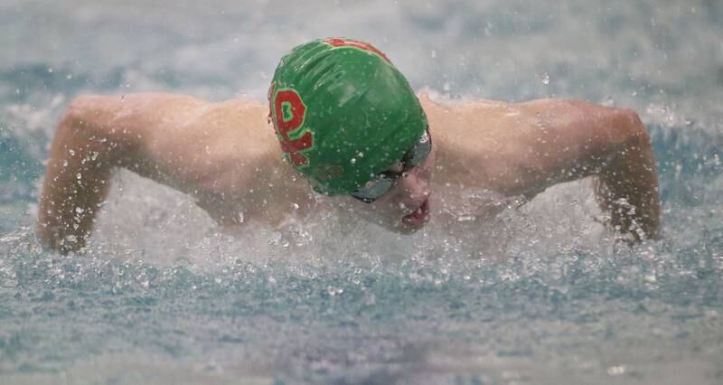 L-P Co-op swimmer Kaiden Lemke competes in the 100 yard butterfly event during a triangular meet against Morrison and Olympia on Wednesday, Jan. 22, 2025 at the Illinois Valley YMCA in Peru.