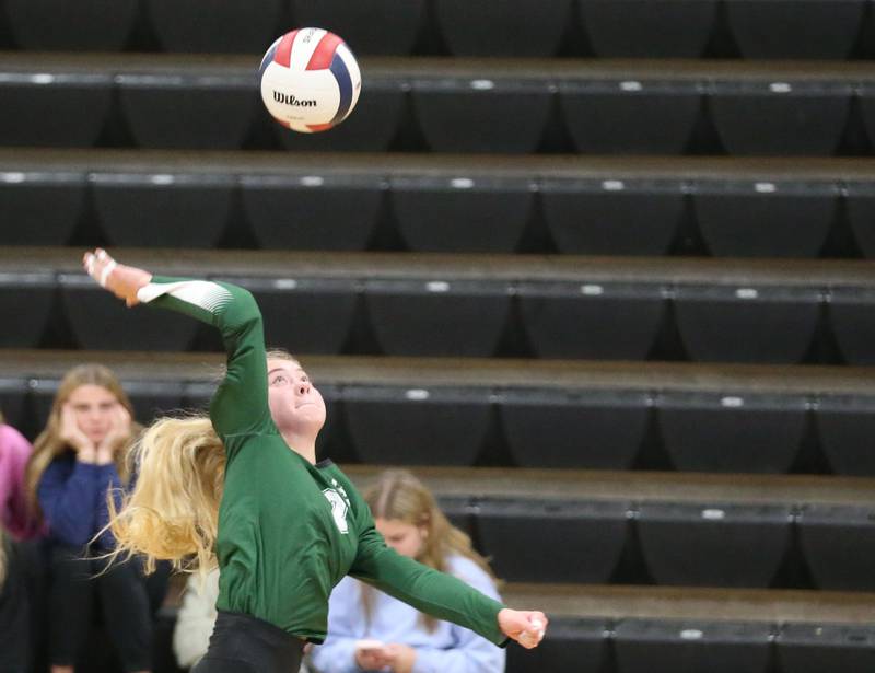 St. Bede's Nelle Potthoff hits the ball to the Orion side of the net during the Class 1A Regional semifinals on Wednesday, Oct. 29, 2025 at Putnam County High School.