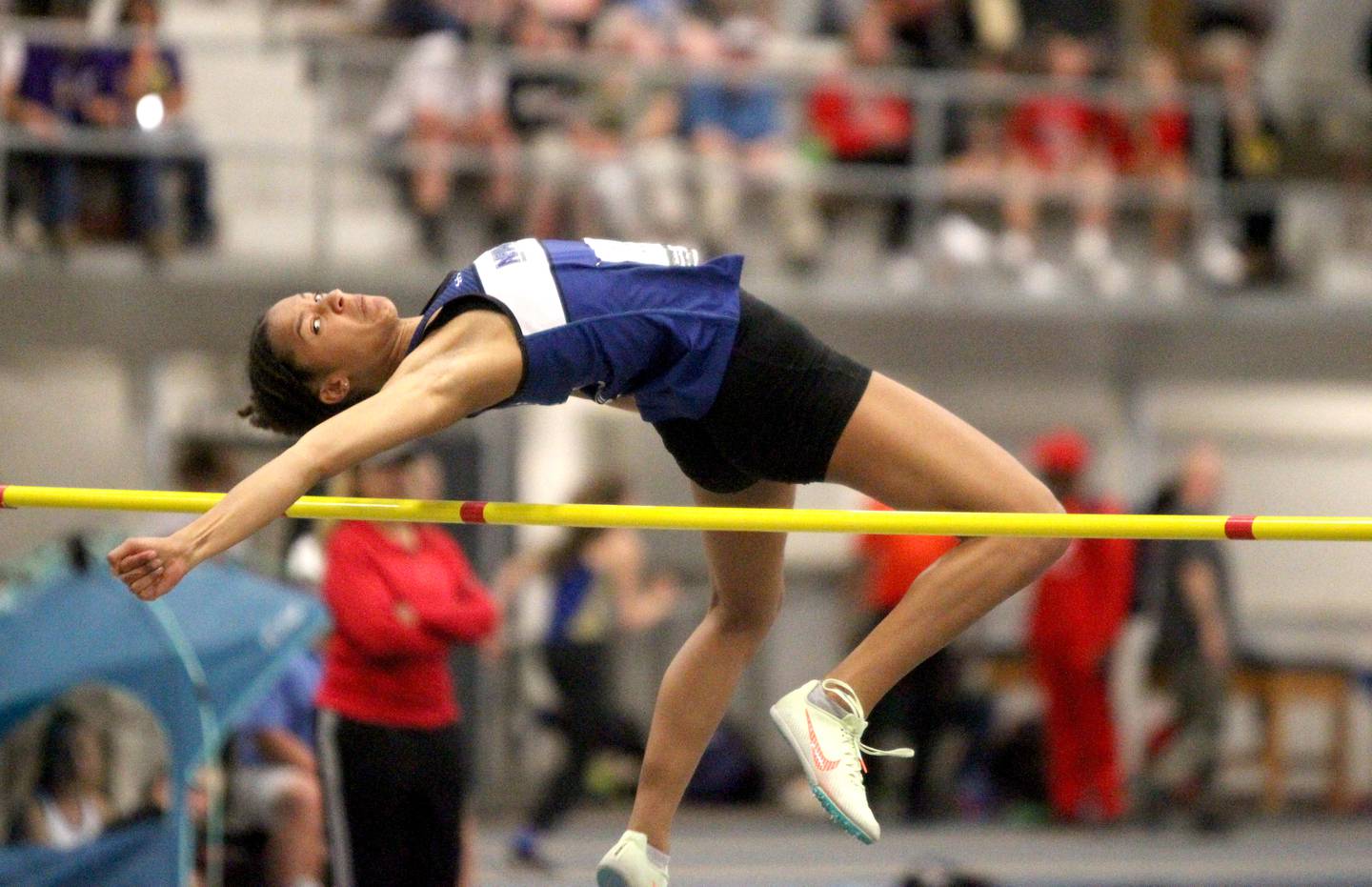 Newark’s Kiara Wesseh competes in the 1A high jump finals during the IHSA Girls State Championships in Charleston on Saturday, May 21, 2022.