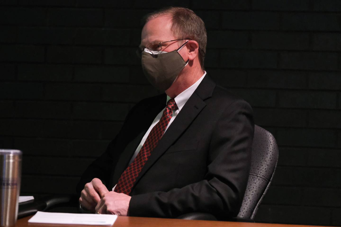 Joe Johnson, of Stantec, sits in on the Joliet City Council meeting on the project to bring Lake Michigan water to Joliet by 2030. Thursday, Jan. 13, 2022 in Joliet.