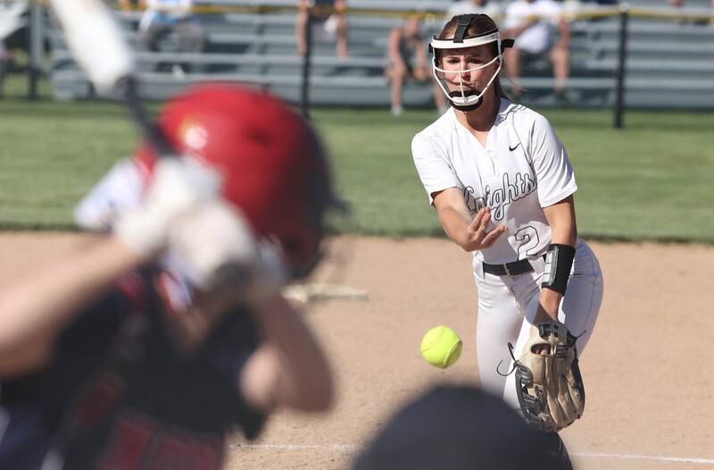 Kaneland's Grace Algrim fires a pitch Friday, June 3, 2022, during their IHSA Class 3A Sectional final game against Belvedere North at Sycamore High School.