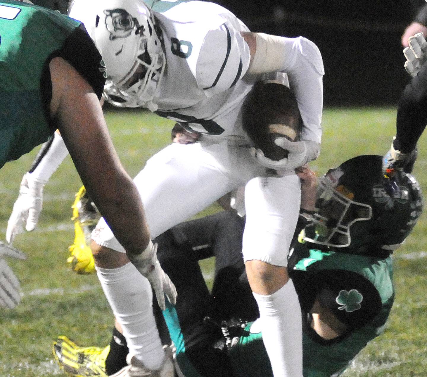 St. Bede's Gino Ferrari is tackled by Seneca's Paxton Giertz at Seneca on Friday, Oct. 20, 2023.