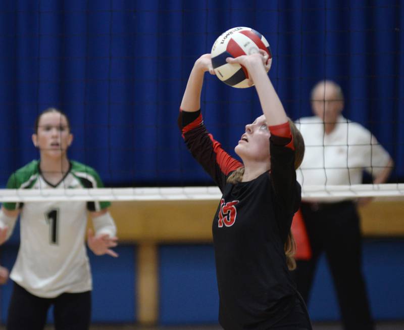 Erie-Prophetstown's Kaylee Keegan (15) sets the ball against Rock Falls during the championship of the 2A Sterling Newman Regional on Thursday, Oct. 31, 2024.