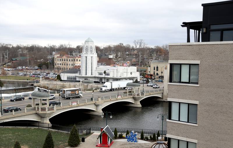 The bridge over the Fox River and St. Charles City Hall.