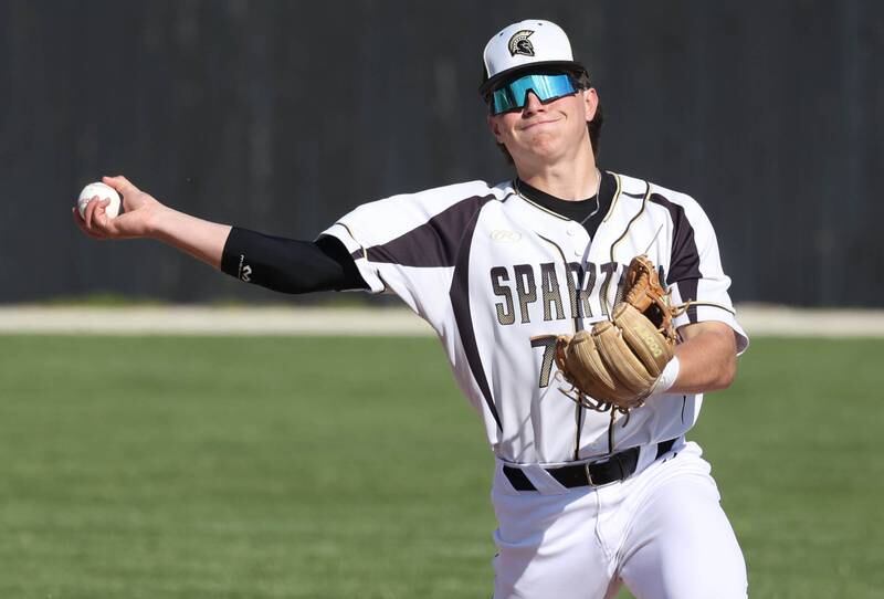 Sycamore's Nathan Lojko throws the ball to first during their game against Ottawa Friday, April 19, 2024, at the Sycamore Community Sports Complex.