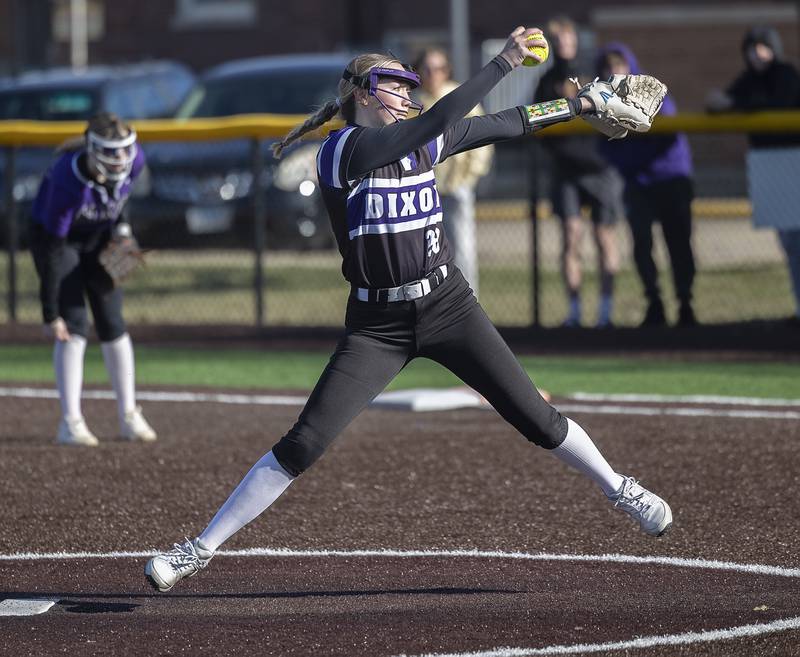 Dixon’s Allie Abell winds up for the pitch against Sterling Tuesday, March 25, 2025.