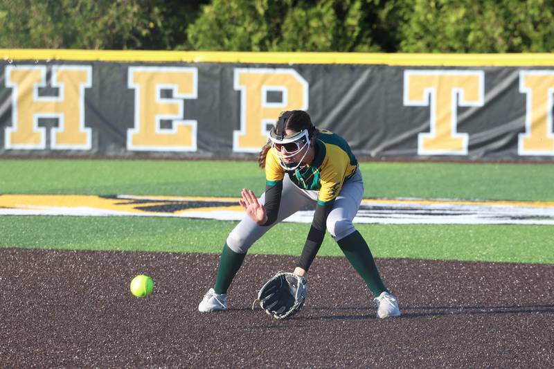 Coal City's Leah Jensen fields a grounder during Coal City's 14-10 victory over Herscher on Monday, April 20, 2026.