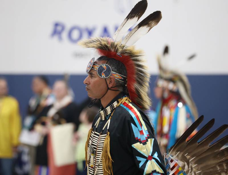 Native Americans lead the Grand Entry for the Starved Rock Pow Wow on Saturday, Nov. 1, 2025 at the Utica Village Hall.