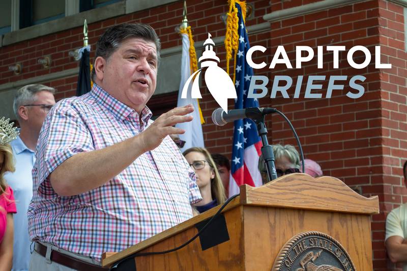 Gov. JB Pritzker takes reporters’ questions at a ribbon-cutting event for the Illinois State Fair in Springfield.
