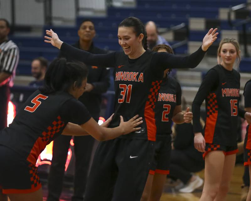 Minooka's Madelyn Kiper (31) is introduced during pregame introductions before their basketball game between Minooka at Oswego East Friday, Jan 16, 2026 in Oswego.