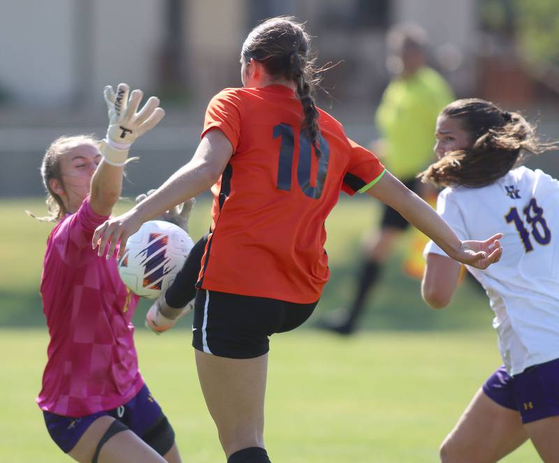 Crystal Lake Central’s Addison Schaffer, center, scores against  Hononegah in IHSA Class 2A Sectional Semifinal girls soccer on Monday, May 25, 2026 at Crystal Lake Central High School in Crystal Lake.