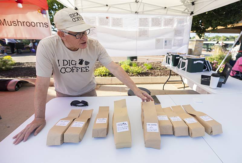 Master roaster Robert Gobtop talks about his coffee roasts Wednesday, Aug. 21, 2024, at Dixon City Market. He can be reached at IDigCoffee@outlook.com and on Facebook.