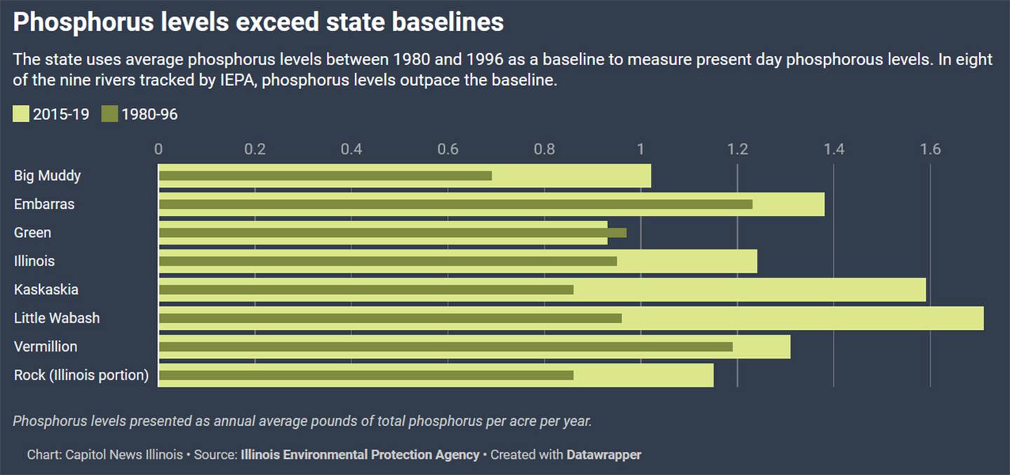 A chart by Capitol News Illinois shows that phosphorous levels are exceeding state baselines in Illinois Rivers.
