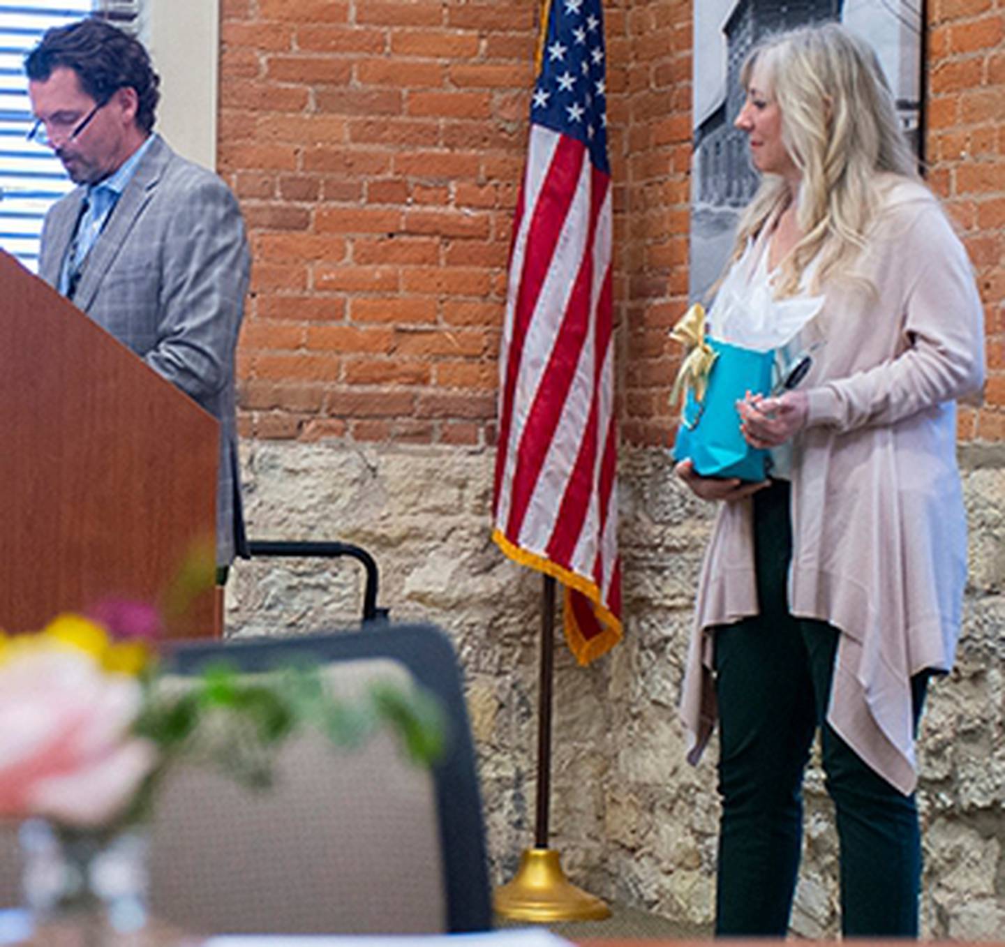 (Left to right); Sycamore Community School District 427 superintendent Steve Wilder recognizing Elizabeth Peterson during the 2025 Excellence in Education Awards ceremony