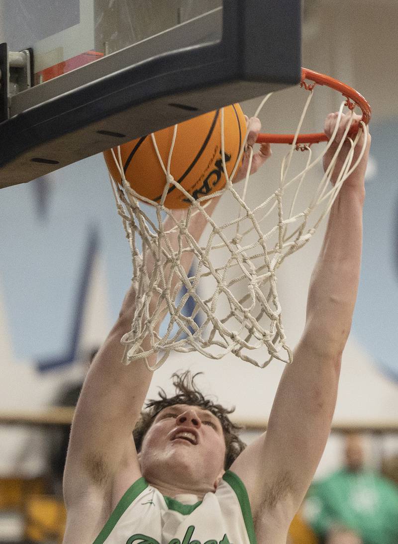 Rock Falls’ Ryken Howard stuffs the ball late in the game against Oregon Wednesday, Feb. 26, 2025, at the Class 2A Regional semifinal at Bureau Valley High School.