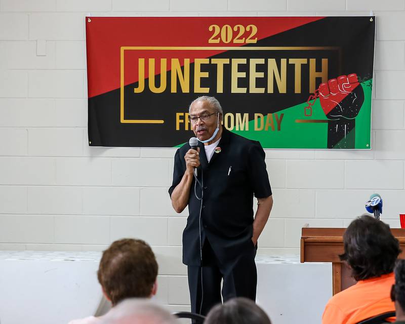 Rev Wheeler Parker Jr speaks during the Juneteenth Celebration in La Grange. June 20, 2022