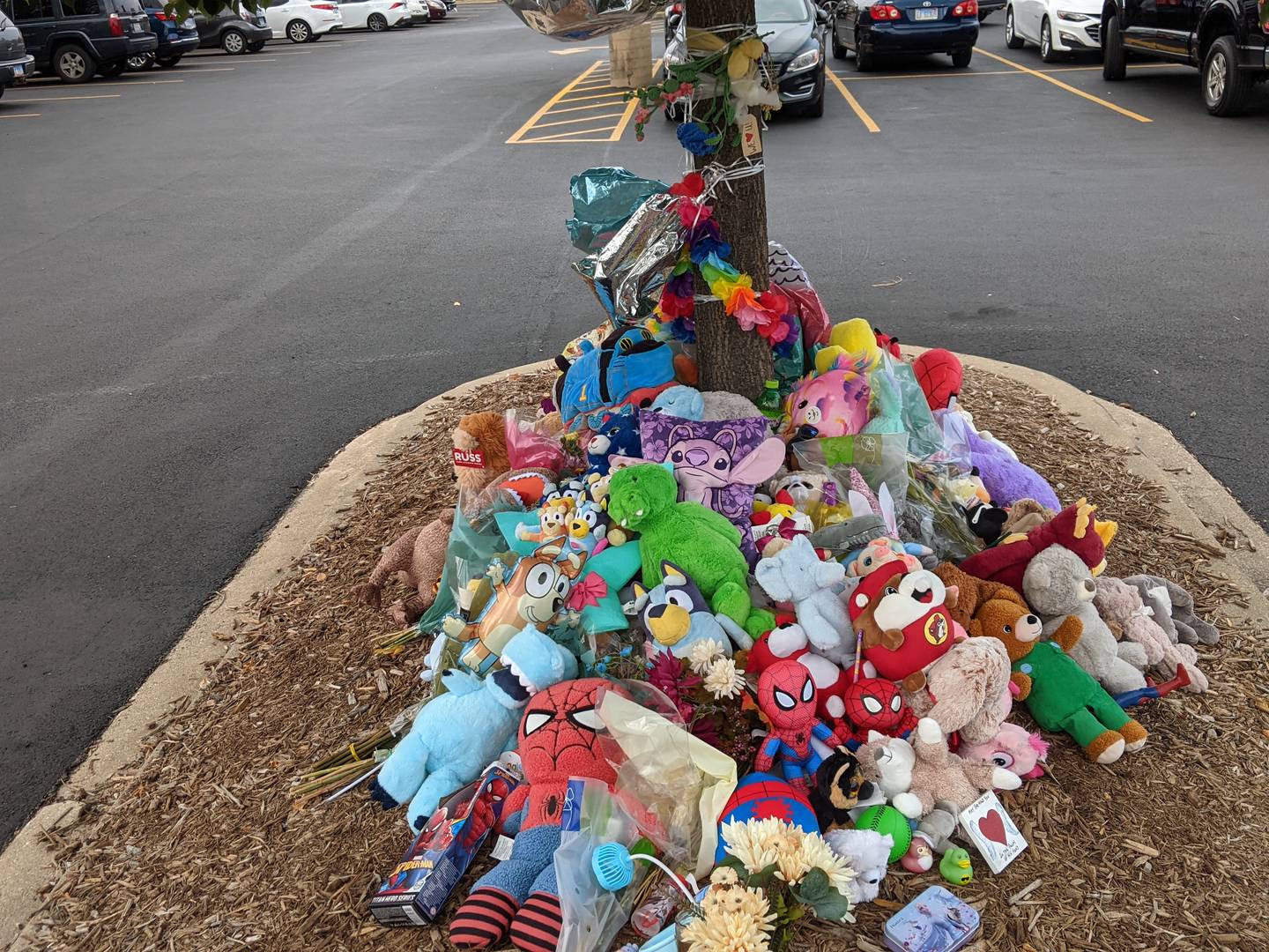 A memorial has been set up in front of the Portillo's restaurant in Oswego where a 2-year-old boy was killed when a car drove into the restaurant Wednesday, July 30, 2025.
