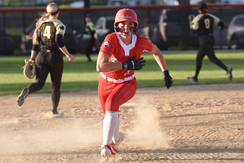 Bradley-Bourbonnais' Suttyn Hop runs towards third base on her way home during the first inning of a home game against Bishop McNamara Thursday, May 8, 2025.