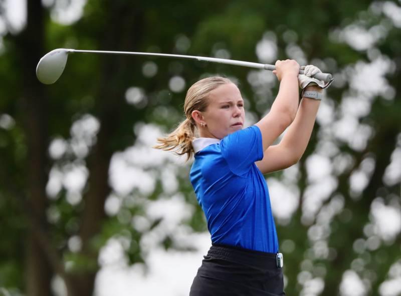 Princeton's Addie Hecht follows her tee shot Saturday at Wyaton Hills.