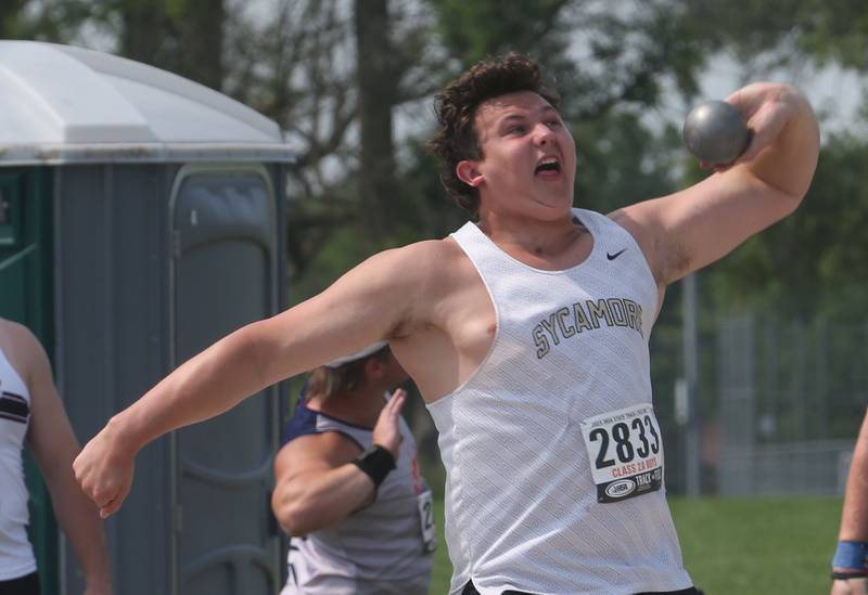 Sycamore's Will Rosenow competes in shot put during the IHSA Class 2A Boys Track & Field State Finals on Saturday, May 31, 2025 at Eastern Illinois University in Charleston.
