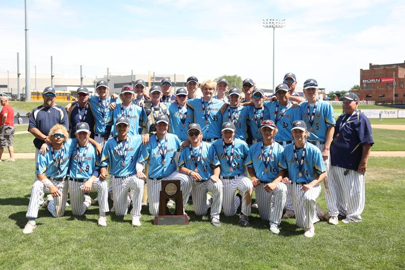 Marquette poses with the 3rd place trophy after the Crusaders 12-0 win over Leroy in the IHSA Class 1A 3rd place game. Saturday, June 4, 2022 in Peoria.