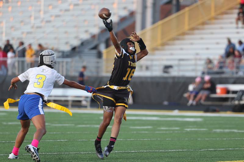 Joliet West’s Nevada Simms launches a pass against Joliet Central on Wednesday, Oct. 2, 2024 in Joliet.