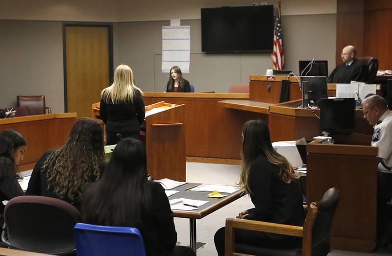 Huntley's Sydney Sullivan questions a witness during the 2025 McHenry County Mock Trial Open on Friday, Feb. 14, 2025, at the McHenry County Courthouse in Woodstock.